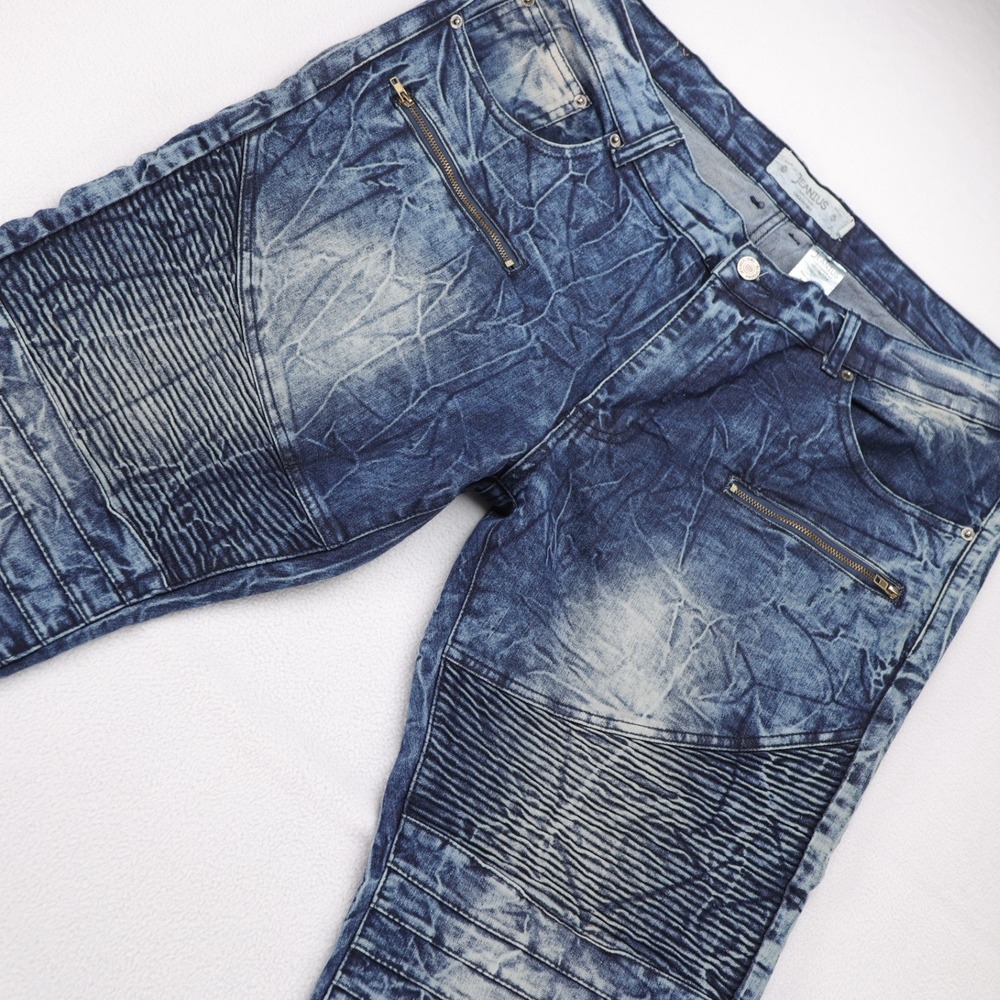 Jeanius Mens Biker Moto Jeans Acid Wash Blue‎ Ribbed Denim 38x32 (44x32)